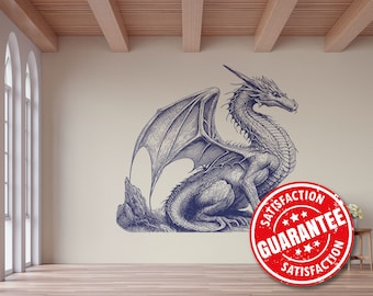 May include: A blue and white dragon illustration with wings spread wide. The dragon is sitting on a rock with a red and white "Satisfaction Guarantee" stamp in the foreground.