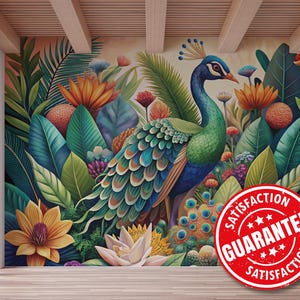 Vinylmuurschildering tropische pauw / Peel-and-Stick bloemenbehang pauw in bloemen - Peel & Stick of niet-gelijmd / exotische kleurrijke muurschildering