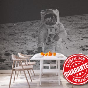 Astronaut on Moon Mural Wallpaper, Realistic Astronaut Large Wall Mural Print - Removable Peel & Stick or Non-pasted