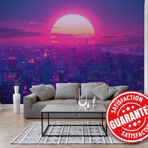 Cyber Urban Sunset removable vinyl mural / Peel and stick Futuristic City wallpaper mural - Peel & Stick or Non-pasted / Neon mural print