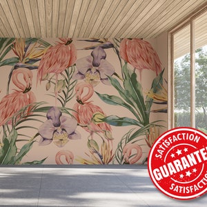 Pink / Tropical flamingo Wall Mural, Peel and Stick Removable Vinyl Wallpaper