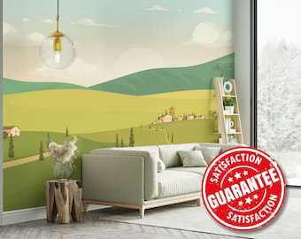Farm Landscape Mural Wallpaper, Country Large Wall Mural Print / Scenic Farmland Removable Peel & Stick or Non-pasted