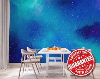 Blue Galaxy Mural Wallpaper, Space Large Wall Mural - Removable Peel & Stick or Non-pasted