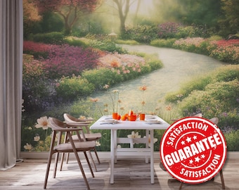 Dreamy Meadow Mural – River in Flowers, Removable Vinyl Wallpaper