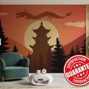 Chinoiserie Landscape removable mural / Peel and stick Flying Dragon wallpaper mural - Peel & Stick or Non-pasted / Asian mural print