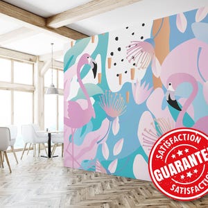 Kleurrijke flamingo muurschildering behang / Pastelkleurige tropische vogels muurmuurschildering / Gedurfde roze flamingo-muurschildering - verwijderbaar peel & stick of niet-gelijmd