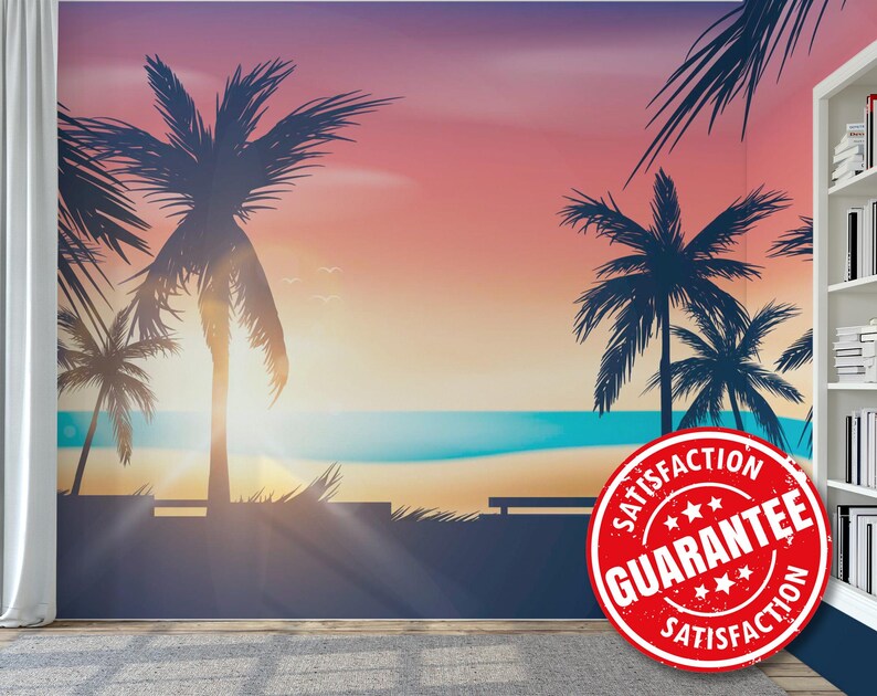 Palm Beach Tropical Sunset Wall Mural, Coastal Landscape Peel & Stick ...