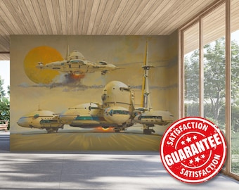 Retro sci-fi ruimteschip muurschildering, Peel & Stick-behang