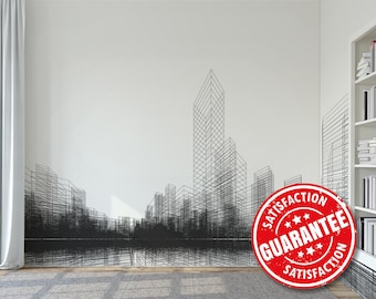 Minimalist Skyscraper Mural – Linear City Wireframe Wallpaper