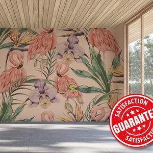 Carta da parati murale con fenicotteri tropicali, grande stampa murale - rimovibile, stacca e attacca o non incolla / Stampa murale con carta da parati con uccelli della giungla rosa