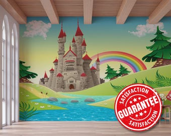 Fairytale Castle Mural Wallpaper, Kids Room Decor (Peel & Stick or Non-Pasted)