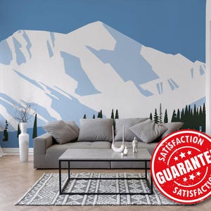 Mountains Drawing Mural Wallpaper, Winter Landscape Large Wall Mural / Blue Snowy mural print - Removable Peel & Stick or Non-pasted