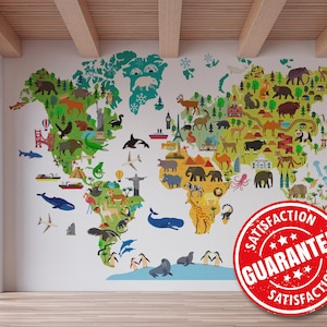 Welt- und Tierkarte Wandbild Tapete, Kinderkarte Großes Wandbild - Abnehmbares Peel & Stick oder nicht geklebte / Tierwelt Tapete Wandbild Druck