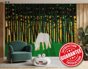 Unicorn Forest Mural, Woodland Fantasy, Peel & Stick Wallpaper