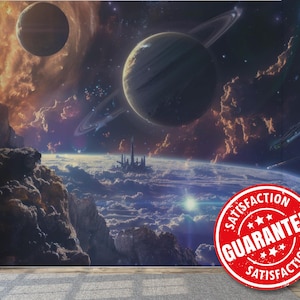 Sci-Fi Space removable vinyl mural / Futuristic Galaxy wallpaper - Peel & Stick or Non-pasted / Epic Planets mural print
