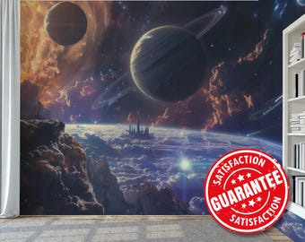 Sci-Fi-ruimtemuurschildering – futuristische planeten, Peel & Stick-behang