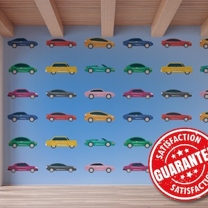 Playful Kids Cars removable vinyl mural / Colorful Vehicle wallpaper mural - Peel & Stick or Non-pasted / Cartoon Cars mural print