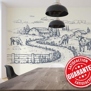 Farm Toile Mural Wallpaper, Farmhouse Large Wall Mural Print - Removable Peel & Stick or Non-pasted / Countryside wallpaper mural print