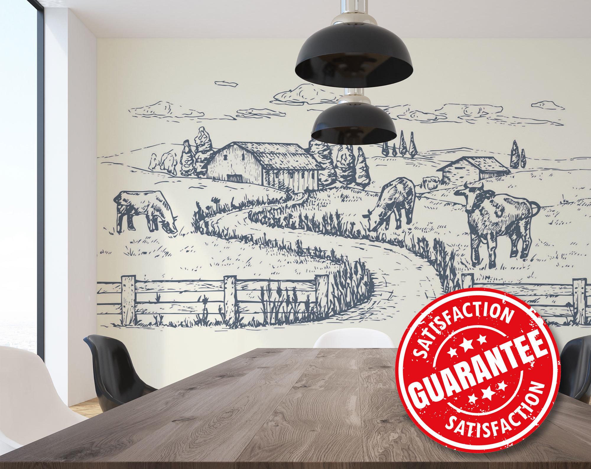 Farm Toile Mural Wallpaper, Farmhouse Large Wall Mural Print - Removable Peel & Stick or Non-pasted / Countryside wallpaper mural print