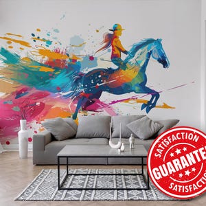 Horse Rider removable vinyl mural / Colorful Equestrian wallpaper - Peel & Stick or Non-pasted / Horse Rider Color Splash mural print