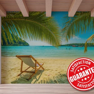 May include: A beach scene with a lounge chair on the sand, palm trees, and a blue sky with white clouds. A red circle with the text "Satisfaction Guarantee" is in the foreground.