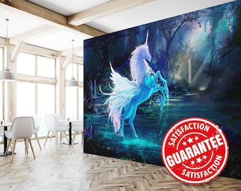 Galaxy Unicorn Mural Wallpaper, Mythical Unicorn Large Wall Mural Print - Removable Peel & Stick or Non-pasted / Cosmic Unicorn mural print