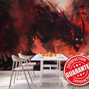 Dragon / Red Mural Wallpaper, Fantasy Large Wall Mural Print - Removable Peel & Stick or Non-pasted