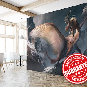 Gray dragon Mural Wallpaper, Medieval Fantasy Large Wall Mural Print - Removable Peel & Stick or Non-pasted