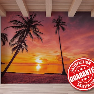 Beach Sunset Mural Wallpaper, Tropical Large Wall Mural - Removable Peel & Stick or Non-pasted / Pink Sunset Palms wallpaper mural print