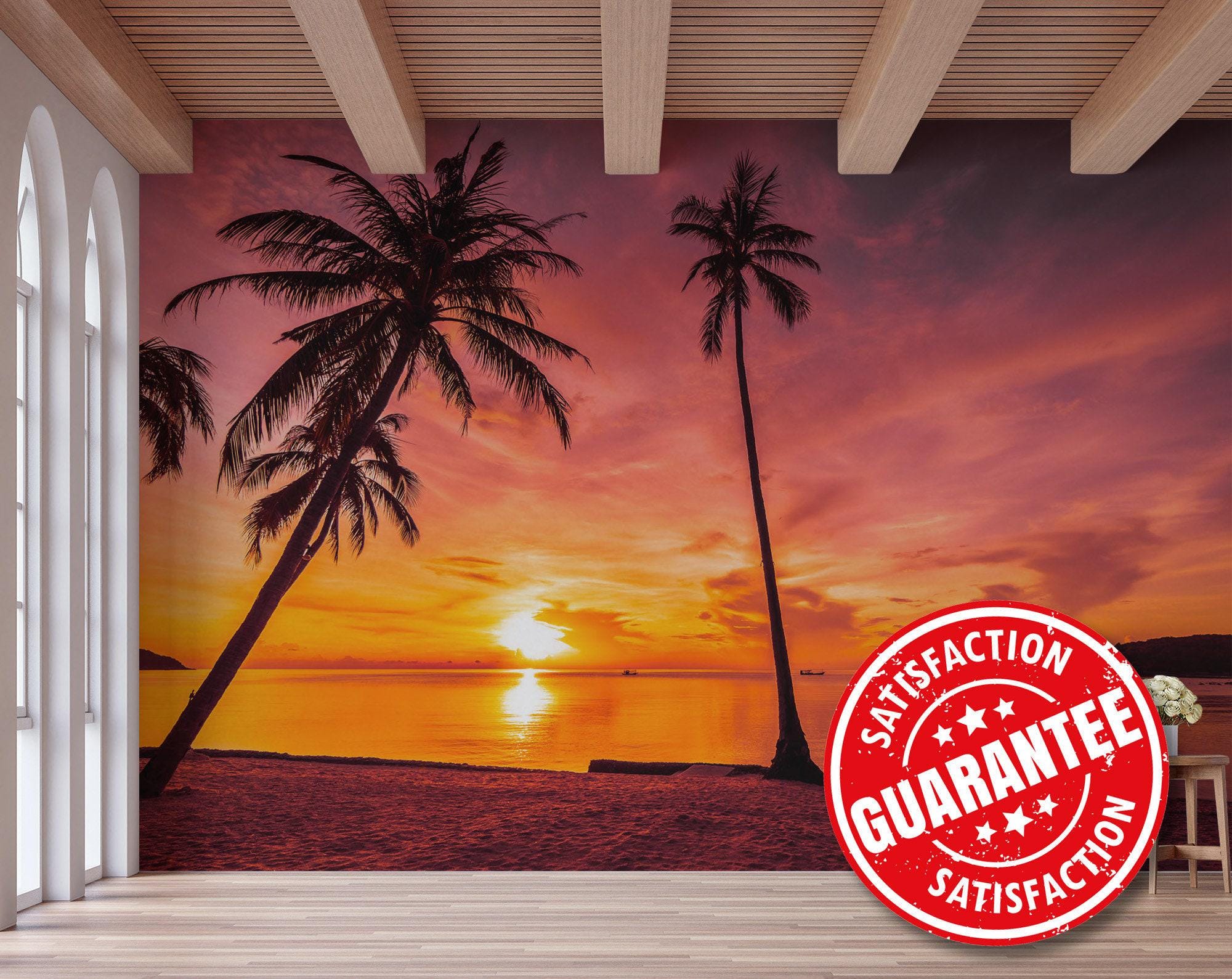 Beach Sunset Mural Wallpaper, Tropical Palm Trees, Peel & Stick - Etsy