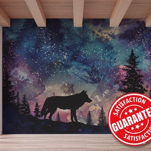 Carta da parati murale rimovibile con lupo ad acquerello / Carta da parati murale con notte stellata nella foresta staccabile e adesiva - Staccabile e adesiva o non incollabile / Stampa con silhouette di lupo