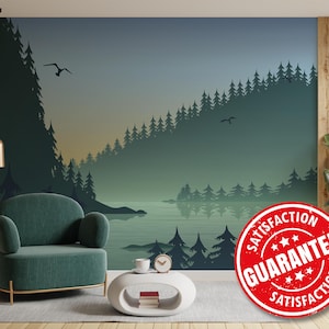 Forest Lake removable vinyl mural / Peel and stick Forest Silhouette wallpaper mural - Peel & Stick or Non-pasted / Lake mural print