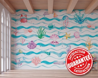 Mural de criaturas marinas fantásticas, arte mural de vida marina submarina (autoadhesivo o sin adhesivo)