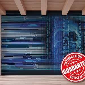 Puede incluir: Un mural de arte digital con una calavera azul superpuesta con código binario. Líneas horizontales y formas geométricas en tonos azules y blancos crean un fondo de inspiración tecnológica. Una pegatina roja de "Garantía de satisfacción" está en primer plano.