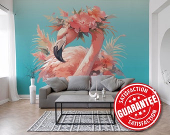 Watercolor Flamingo Mural, Tropical Bird Wallpaper, Peel and Stick