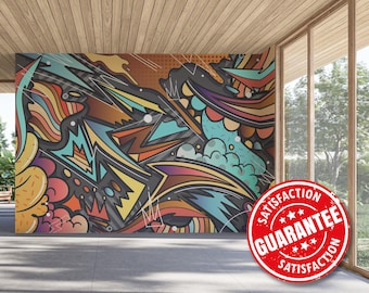 Mural de pared con garabatos de grafiti, arte urbano callejero, autoadhesivo.