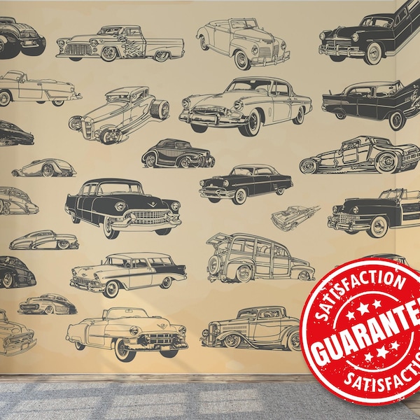 Retro Car Collage Mural – Vintage Vehicle Sepia Wallpaper