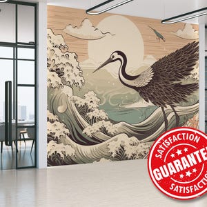 Kinder Wandbild Tapete im japanischen Stil / Kranich Großes Wandbild / Vintage Vogel Wandbild Druck - Ablösbares Peel & Stick oder Nicht-geklebt
