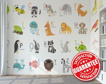 Animal ABC Watercolor Mural, Educational Wallpaper, Peel & Stick