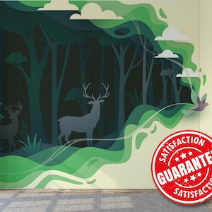 Forest in Wavy Shape removable vinyl mural / Peel and stick Deers in Woods wallpaper mural / Forest mural print - Peel & Stick or Non-Pasted