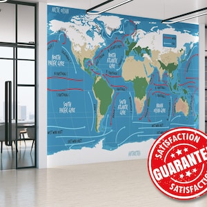 Carta da parati murale con mappa del mondo, grande stampa murale con mappa dell'oceano/mappa del mondo per l'aula, rimovibile, stacca e attacca o non incollata