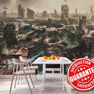 City Sci-fi Mural Wallpaper, Futuristic City / Cyberpunk Large Wall Mural Print - Removable Peel & Stick or Non-pasted