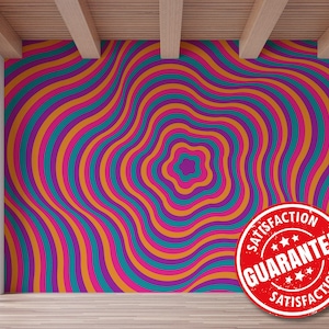 Purple Psychedelic Mural Wallpaper / Vibrant Trippy Waves Wall Mural - Removable Peel & Stick or Non-pasted / Retro Hypnotic mural print