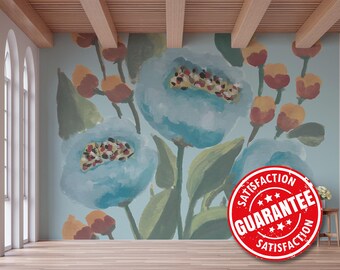 Mural floral azul – Flores en acuarela, papel tapiz autoadhesivo