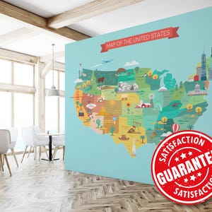 US Map Wandbild Tapete, USA Großer Wandbilddruck - Abnehmbares Peel & Stick oder nicht geklebter / amerikanischer Tapetenwandbilddruck