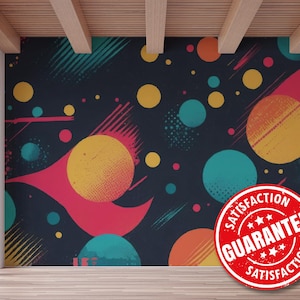 Carta da parati murale rimovibile in vinile Retro Cosmic Pop / Carta da parati murale colorata Space - Stacca e attacca o non incolla / Stampa murale Funky Galaxy