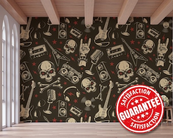 May include: A dark brown background with a repeating pattern of skulls, guitars, microphones, cassette tapes, and boomboxes. The pattern is in black, white, and red. The words "Satisfaction Guarantee Satisfaction" are in a red circle with white text.