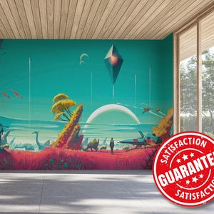 Retro  Sci-fi Mural Wallpaper, Alien Landscape Large Wall Mural Print - Removable Peel & Stick or Non-pasted