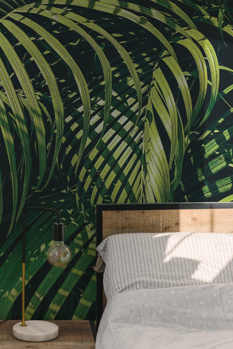 Tropical Palm Leaf Mural – Green Jungle Peel and Stick Wallpaper - Etsy