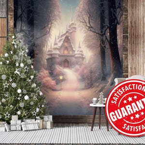 Carta da parati murale in vinile "Fairytale Snow Castle" / Carta da parati "Magic Path" staccabile e adesiva - staccabile e adesiva o non incollabile / Stampa murale "Mystical Forest Castle"